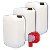plasteo 3 x 25 Liter Getränke- Wasserkanister Natur | mit 1 Hahn und 3 Schraubdeckel (DIN 61) | Lebensmittelecht | Tragbar | Indoor und Outdoor | BPA Frei