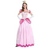 IWEMEK Damen Daisy Peach Prinzessin Kleid Puffärmel Langes Kleid mit Handschuhen Krone Zubehör Set Erwachsene Karneval Kostüm Halloween Fancy Dress Verkleidung Festzug Party Outfits Rosa S