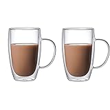 Marooma Glas-Kaffeetassen, 450 ml, doppelwandig, isoliert, Thermoglas-Trinkbecher, hitzebeständig, transparent, Espressotassen, Getränkegläser mit Griff für Tee und Bier, 2 Stück