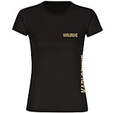 VIMAVERTRIEB® Damen T-Shirt Karlsruhe - Brust & Seite - Druck:Gold metallik - Shirt Frauen Fußball Fanshop Fanartikel - Größe:M schwarz
