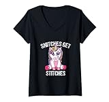 Damen Snitches get Stitches Unicorn T-Shirt mit V-Ausschnitt
