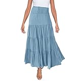 Damen-Sommer, elastisch, hohe Taille, Boho-Maxirock, Kordelzug, A-Linie, Langer Rock Damen Für Winter (Light Blue, XL)