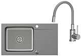 VBChome Spülbecken Grau mit Armatur 78x44 Edehlstahlbecken Granit Küchenspüle Siphon Einbauspüle Einzelbecken Modern Spültischmischer mit flexiblem Auslauf