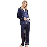 AXIANQIPJS Damen Seide Pyjama Sets Mit Button Down Revers Hose Schlafanzüge Sexy Frauen-Sommer Nachtwäsche Blau (Color : Blue, Size : M)