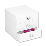 iDesign Make-Up Organizer mit 3 Schubladen, quadratische Schubladenbox aus Kunststoff, kompakter Schubladenturm für Schminke und Kosmetika, weiß