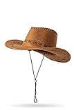 Brauner Damen Cowboyhut Trachtenhut mit Kordel und Cowgirl Fasching Ziernähte Verkleidung