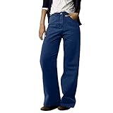 QWUVEDS Damen-Jeans im Vintage-Stil, modisch, lässig, gerades Bein, weites Bein Jeanshosen Damen Kurzgrößen 42 (Dark Blue, S)