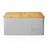 Lumaland Cuisine Brotkasten Brotdose Brotbox aus Metall mit Bambus Deckel, Brotbehälter rechteckig, 30,5 x 23,5 x 14 cm Hellgrau