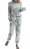 Spec4Y Pyjama Damen Zweiteilige Nachtwäsche Tie Dye Druck Langarm Oberteil Lang Hose Schlafanzug Loungewear mit Taschen 2035 Grau Weiß X-Large