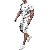 MARKWIND Herren Frühling Sommer Anzug Strand Kurzarm Sport Print Shirt Short Set 2-teiliges Hemd-Hose-Set mit Tasche Baby Set (White, S)