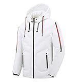 Verdickte warme Herren-Winterjacke, durchgehender Reißverschluss, winddicht, abnehmbare Kapuze, Kunstfellbesatz, Schneejacke mit Reißverschlusstasche, weiß, L
