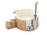 Finntherm Holz Badefass Stockholm aus Thermoholz, Hot Tub Ø 180 cm, in Cremeweiß, 8 Personen, inkl. Edelstahl-Ofen (30 kW), Schwimmbecken, Badebottich, Sprudelb