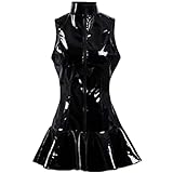 Schwarzes PVC-Latex-Kleid mit Reißverschluss vorne, Kunstleder, Kostüm, figurbetont, Partykleider, Schwarz, Größe L