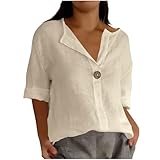 Sale Angebote Musselin Damen Bluse Baumwolle Leinen Oberteile Sommer Leinenbluse Einfarbig Leicht Tops 3/4 Arm Blusenshirt V Ausschnitt Tuniken mit Knöpfe Business L