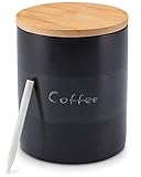Lambda Coffee® Kaffeedose schwarz aus Keramik 600ml luftdicht | mit Kreide & Beschriftungstafel | Vorratsdose mit Holzdeckel zur Aufbewahrung von Kaffee, Mehl, Zucker, Tee, Nudeln etc.