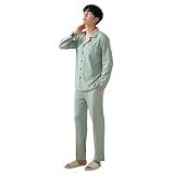 YTPTPST Herren Zweiteilige Langarm-Schlafanzüge Weiche Baumwolle Pyjamas Button Down Hemden Lange Hosen Set Loungewear,Light Green,3XL