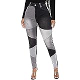 Yokbeer Patchwork-Jeans für Damen, Mode, Boyfriend, Farbblock, Stretch, Schmal Zulaufendes Bein, 90er-Jahre-Streetwear-Denim-Jeanshose (Color : Black, Size : XL)