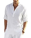 COOFANDY Herren Baumwolle Leinen Henley Shirt Casual Hippie Beach Langarm T-Shirts,Weiß,L