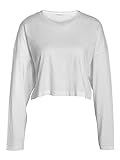 Noisy may Damen Einfarbiges Langarm Crop Shirt Lockeres Basic Stretch Rundhals Oberteil NMFRIDA, Farben:Weiß, Größe:M