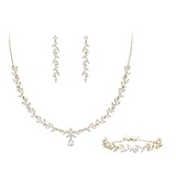 Clearine Hochzeit Schmuck-Set für Braut Brautjungfer, Marquise kubischer Zirkonia Blatt Cluster Anhänger Halskette durchbohrt Dnagle Ohrringe Set klar Gold-Tone