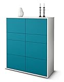 Stil.Zeit Highboard Jenna - Korpus Weiss matt - Front Farb-DesignLagunenblau (92x108x35cm) - Push-to-Open Technik & hochwertigen Leichtlaufschienen - Made in Germany