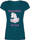 T-Shirt Damen V Ausschnitt - Pferd Pferde - Reiten Mädchen Namen - Pferdemädchen - L - Türkis - Name anpassen zum personalisiert. Namen. selber gestalten pferden Frau Pferd- und S