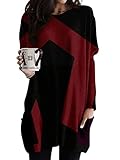 Minetom Langarmshirt Damen V-Ausschnitt Druck Lose Langarm Oberteile Oversize Lang Sweatshirt Tops Asymmetrisch Saum Jumper Pullover Mit Taschen L Rot 3XL