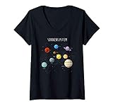 Damen Sonnensystem Shirt, Planeten Sternensystem Sonne & Universum T-Shirt mit V-Ausschnitt
