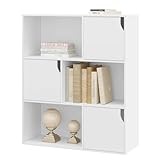 eSituro Bücherregal, Regal weiß mit 6 Würfeln, Würfelregal mit Türen, Standregal, Bücherschrank, Aufbewahrungsregal, für Bücher Spielzeug, aus Holzwerkstoff, 80x96x30 cm, weiß, SBKC0050