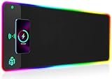 RGB Gaming Mauspad 15W Qi Mousepad LED, 10 Beleuchtungsmodi mit 15W Schnellladung Qi Kabelloses Laden für I-Phone Handy, Kopfhörer, Wasserdicht, rutschfest für Gaming, Schreibtische, PC und Bü