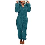Fleece-Einteiler für Damen mit Ohr-Kapuze, All-in-One-Pyjama für Damen und Erwachsene, verdickter, warmer Schlafanzug, Loungesuit, Einteiler, Overall, Reißverschluss, Sweatshirt, Einteiler, Pyjama,