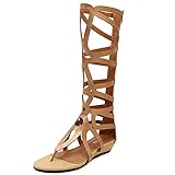 Jamron Damen Knie Hoch Römische Gladiator Sandalen Nieten Besetzt Riemchensandalen Reißverschluss Zehensandalen Gold SN602C027 EU41