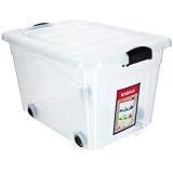 KADAX Kunststoffbehälter mit Rollen, Aufbewahrungsbox aus Kunststoff, Organizer mit Deckel, Clipbox für Spielzeug, Aufbewahrungsbehälter mit Klickverschluss (60L, transparent)