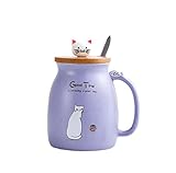 Katze Tassen,Keramik Kaffeebecher, Katzen-Tasse Süße Keramik Kaffeetasse mit Deckel,Edelstahl Löffel, Neuheit Morgen Cup Tee Milch Weihnachten Becher Geschenk 450ML (Violett)