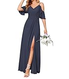 Damen Schulterfreies Brautjungfernkleid mit Taschen, A-Linie, Chiffon, formelles Kleid mit Schlitz, marineblau, 58