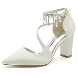 Hochzeitsschuhe Damenschuhe Brautschuhe Satin High Sandalendamen Pumps Elegant Blockabsatz Party Pumps 8.5Cm,Elfenbein,43 EU