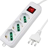 Mehrfachsteckdose mit 3 Universalsteckdosen ITA 10/16 A und Schuko, beleuchteter Schalter, Kabel mit italienischem Stecker 16 A, weiß, zweipolig, 250 V max. 2500 W