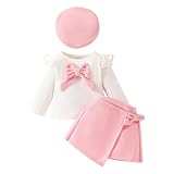 LUVCES Kleinkind Baby Mädchen Outfits Ruffle Langarm Gestrickt Bowknot Shirt + Elegant Mini Rock+ Baskenmütze 3 Stück Herbst Winter Kleidung Sets Rosa 6-9 M