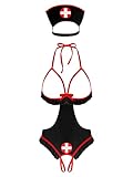 TiaoBug Damen Krankenschwester Cosplay Kostüm Ouvert Body Neckholder mit Schwesternhaube Offene Brustfreie Dessous Reizwäsche Schwarz XXL