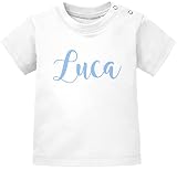 SpecialMe® Baby T-Shirt mit Namen personalisiert Wunschname Junge Mädchen Kurzarm Bio-Baumwolle weiß/blau 92/98 (16-24-Monate)