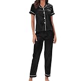 Schlafanzug Katze Damen Pyjama Damen Set Pyjama Damen Pyjama Set Pyjama Sets Kurze Pyjama Sets Button Down Set Loungewear Nachtwäsche Damen Schlafanzug Baumwolle Gr 46 Schlafanzug (Black, M)
