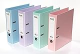 4er Pack Premium Color-Ordner bunt Pastell-Farben – Hochglanz laminiert in grün, blau, lila, rosa – 80mm breit für DIN A4 mit patentierter extra starker 85mm Mechanik