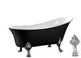 Freistehende Badewanne PARIS Acryl - 176 x 71 cm - Schwarz glänzend - Metallfüße & Standarmatur wählbar, Standarmatur:Ohne Standarmatur, Farbe der Füße:chrom