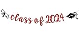 Wimpelkette mit Aufschrift 'Class of 2024', Aufschrift 'Congrats Grad/So Proud of You', 2024, Abschlussfeier, Party-Dekoration, Zubehör für Abitur/Hochschule, Schwarz und Rot Glitzer
