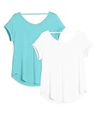 icyzone Damen Rückenfrei Yoga T-Shirt Kurzarm Sport Freizeit Tops Lose lässiges V-Ausschnitt Shirt, 2er Pack (XL, Hellblau/Weiß)