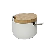 KOOK TIME Keramik Zuckerdose mit Löffel und Deckel aus Bambus -Zuckerlöffel für Haus und Küche, Moderne Kugelform, für Zucker, Käse, Gewürze, 12.5 x 9.5 x 8 cm, Weiß