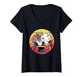 Damen Retro Anime Cat Samurai ästhetische japanische Krieger Kitty T-Shirt mit V-Ausschnitt