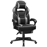 SONGMICS Gamingstuhl, Schreibtischstuhl mit Fußstütze, Bürostuhl mit Kopfstütze und Lendenkissen, höhenverstellbar, ergonomisch, 90-135° Neigungswinkel, bis 150 kg belastbar, schwarz-grau OBG073B03