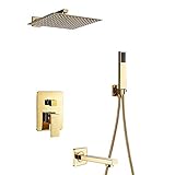GLYYR Duschsystem Gold Brausegarnitur Wandhalterung Einzelgriff Multifunktional Duschsystem mit Handbrause, Quadratisch Duschkopf, Badewannenarmatur,8 Inch