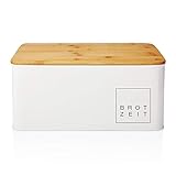 Lumaland Cuisine Brotkasten Brotdose Brotbox aus Metall mit Bambus Deckel, Brotbehälter rechteckig, 30,5 x 23,5 x 14 cm Weiss